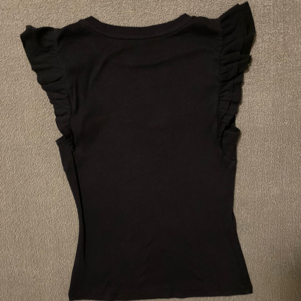 GAP Women's Large Stretchy Ribbed Knit Black Ruffle Sleeve Casual Tee - Picture 2 of 5